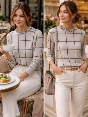 Sunday in Brooklyn Ruffle Neck Plaid Knit Top | Soft Neutral Grid | Medium